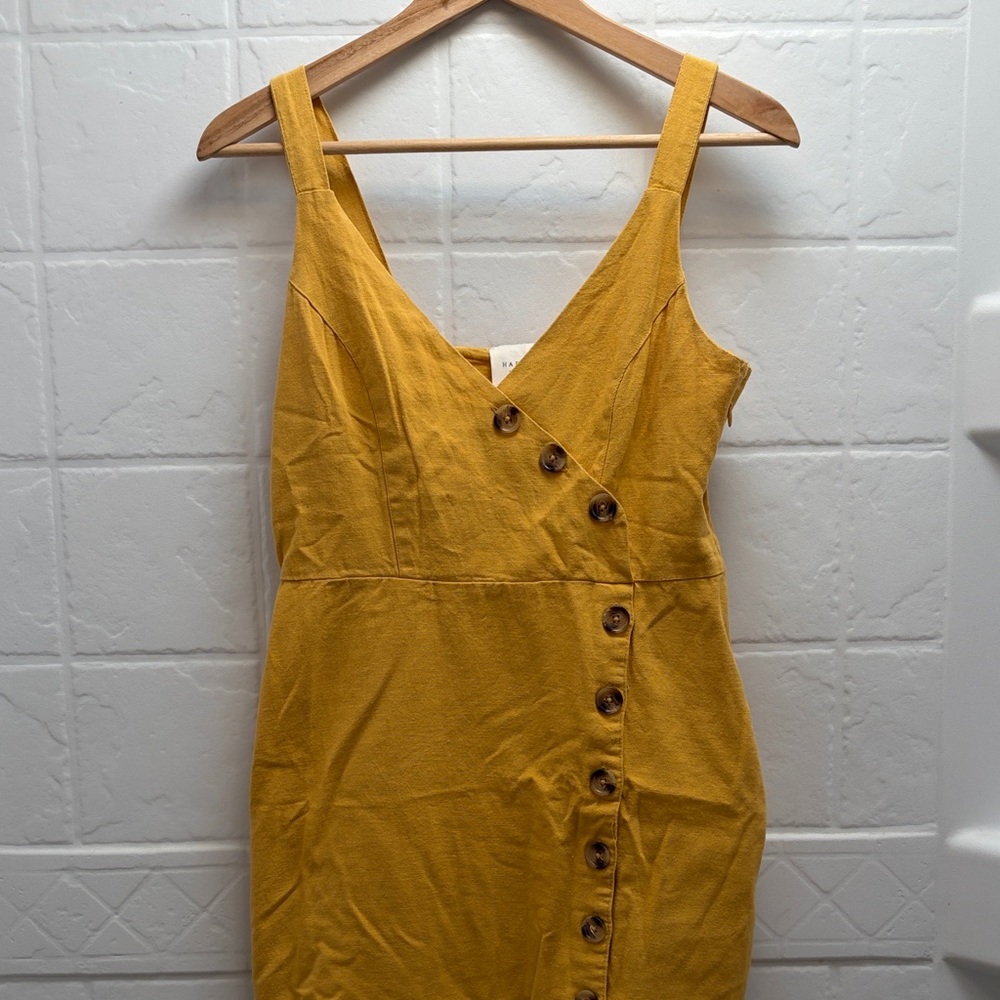 Button-Front Mustard Yellow Mini Dress with V-Neck